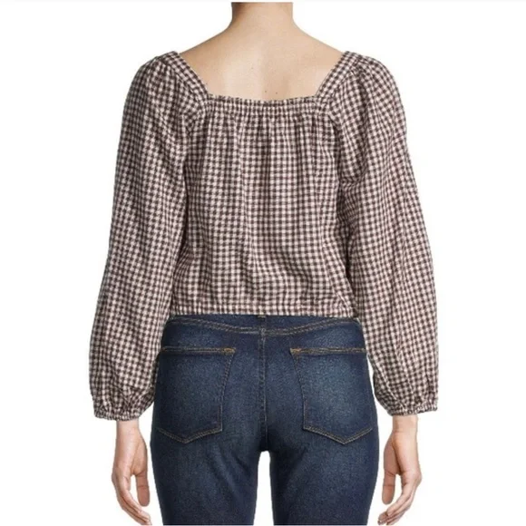 Madewell Puff Sleeve Button Front Crop Top in brown gingham - Picture 5 of 10
